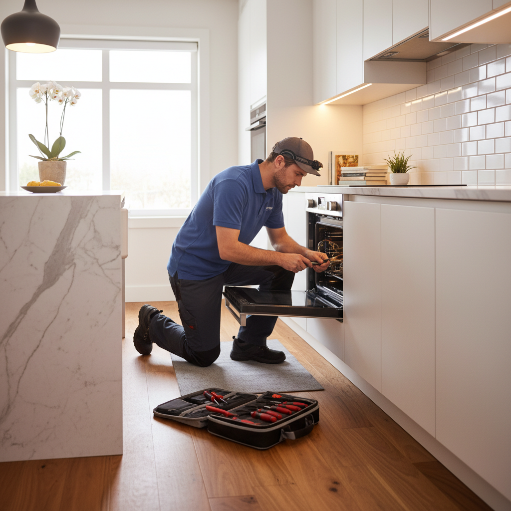 Technician repairing a built-in oven